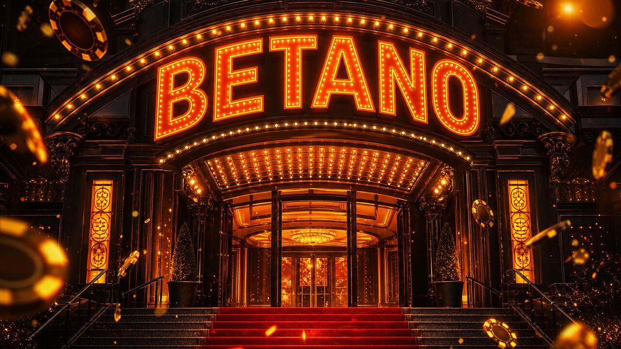 Marquesina naranja de Betano sobre la entrada de un casino elegante de noche