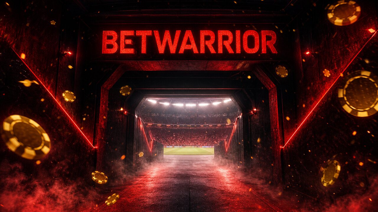 Túnel de estadio en rojo con cartel de BetWarrior y fichas doradas flotantes
