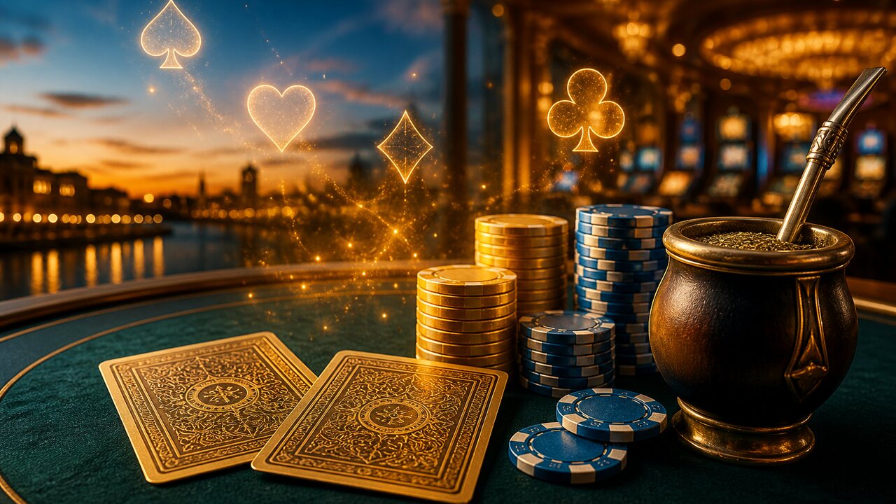 Dos cartas boca abajo sobre un paño verde junto a fichas doradas y celestes, un mate con bombilla y símbolos de naipes luminosos flotando