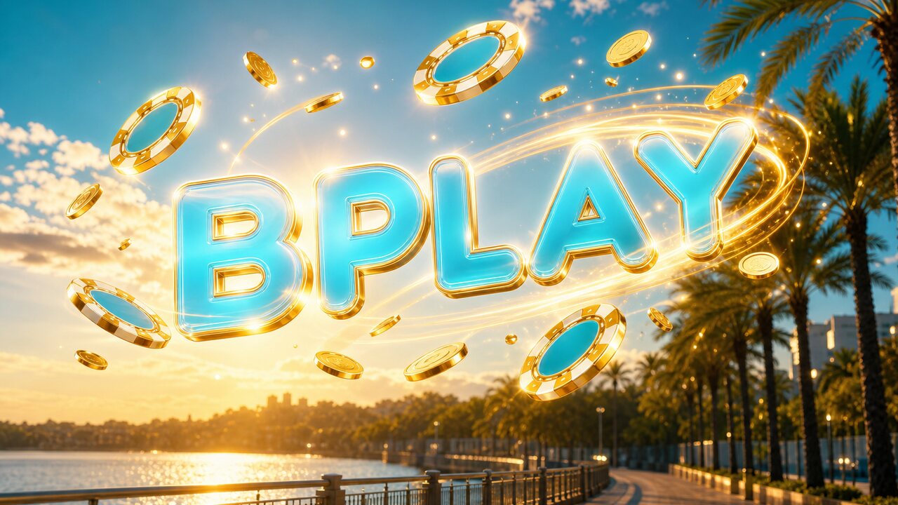 Letras celestes brillantes de bplay sobre una costanera soleada con fichas doradas