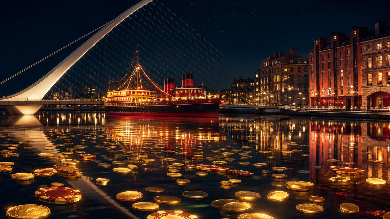 Puente peatonal blanco y barco casino iluminado de noche en el puerto con monedas doradas