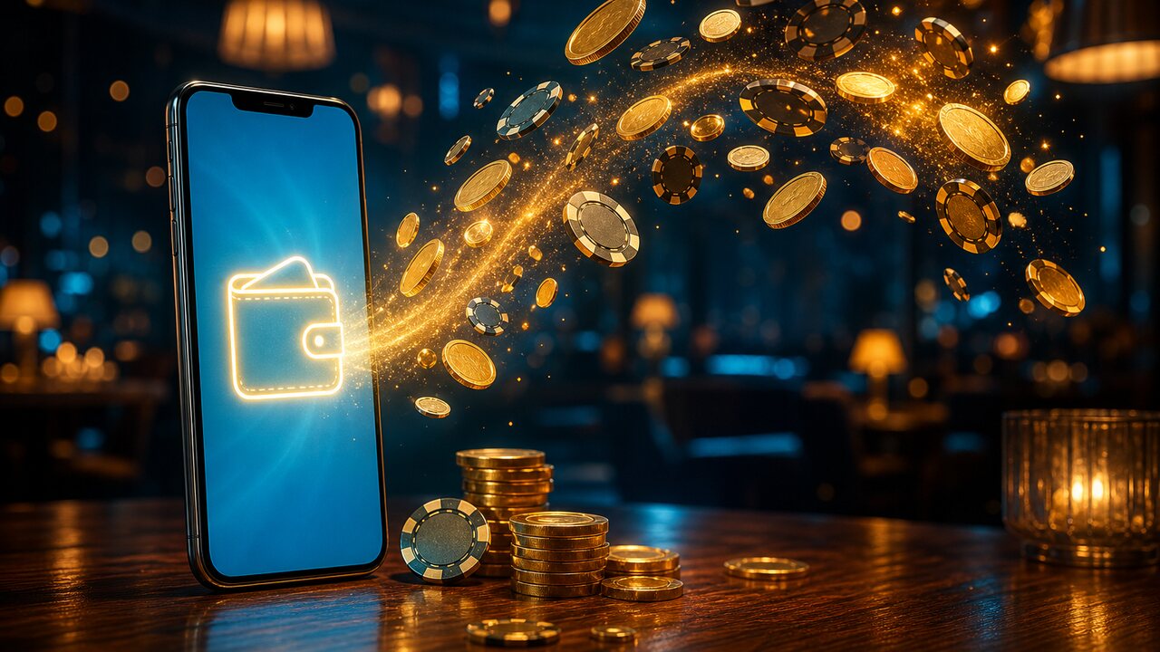 Smartphone celeste del que brota una corriente de monedas y fichas doradas