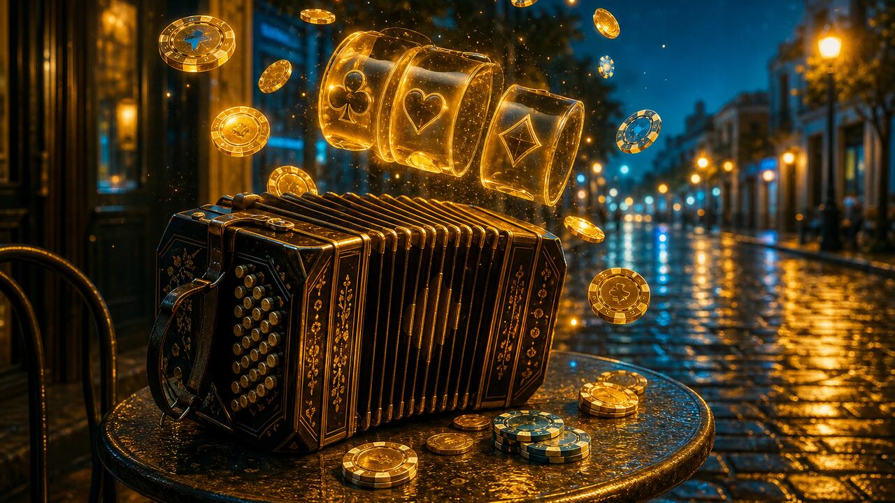 Bandoneón sobre adoquines porteños de noche con tambores de slot iluminados