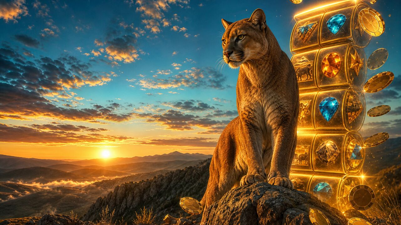 Puma sobre las sierras cordobesas al atardecer con tambores de slot dorados