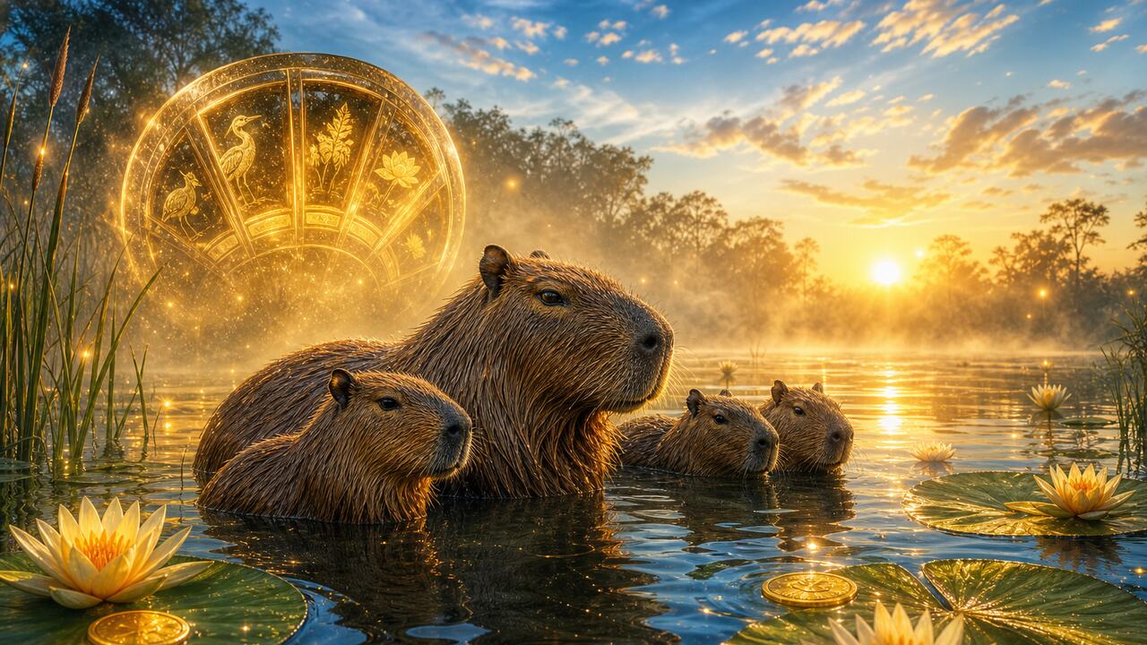 Familia de carpinchos entre nenúfares al amanecer con disco dorado brillante