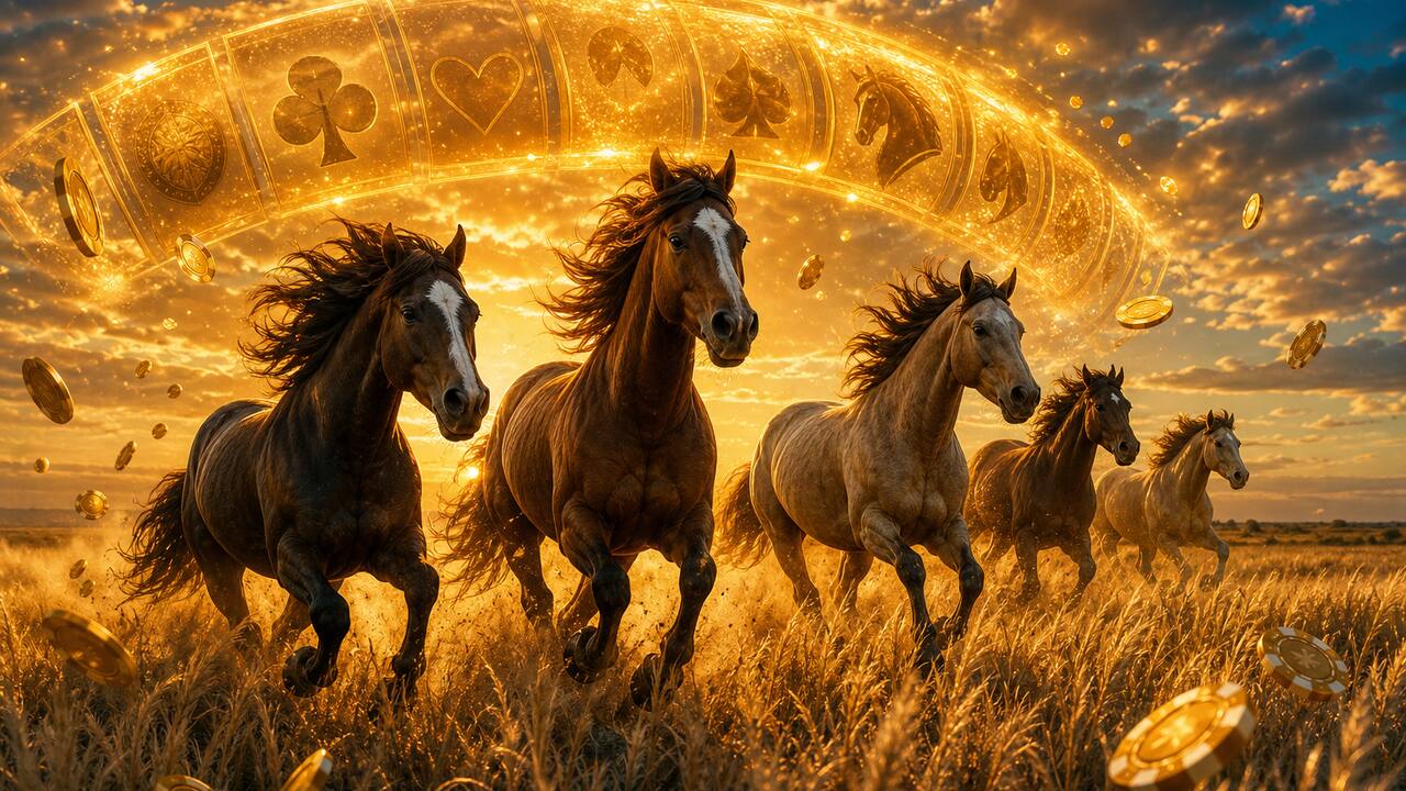 Caballos criollos galopando por la pampa dorada junto a tambores de slot brillantes