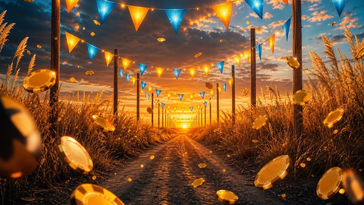 Camino rural con banderines celestes y dorados iluminados y fichas flotantes