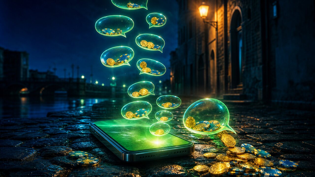 Smartphone con pantalla verde sobre adoquines mojados del que suben burbujas de chat con monedas