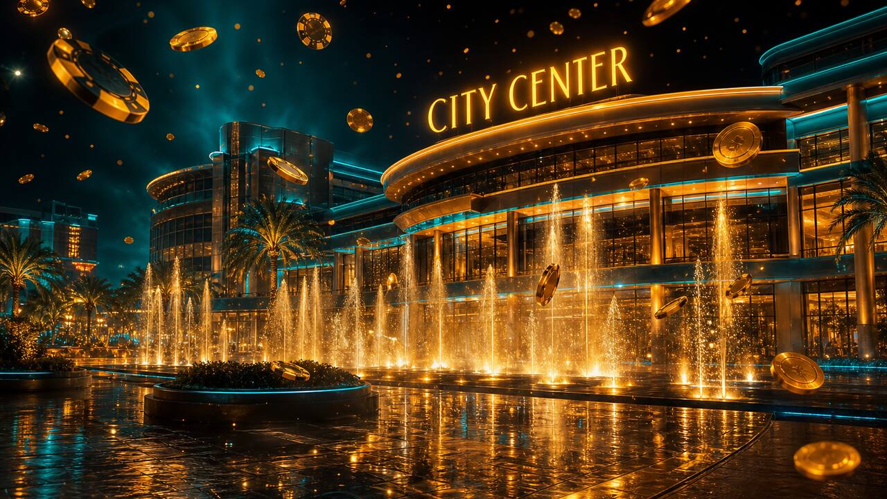 Complejo de entretenimiento con fuentes danzantes doradas y cartel City Center