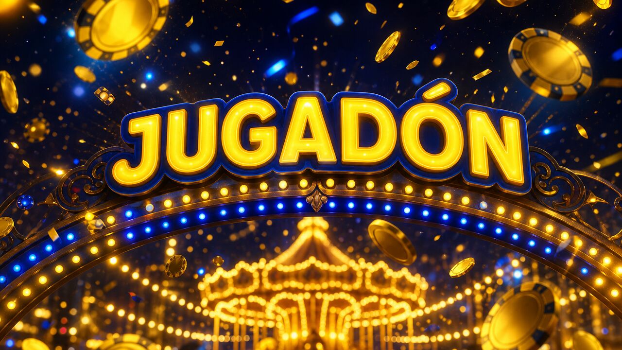 Cartel amarillo y azul de Jugadón sobre un arco de feria con calesita iluminada
