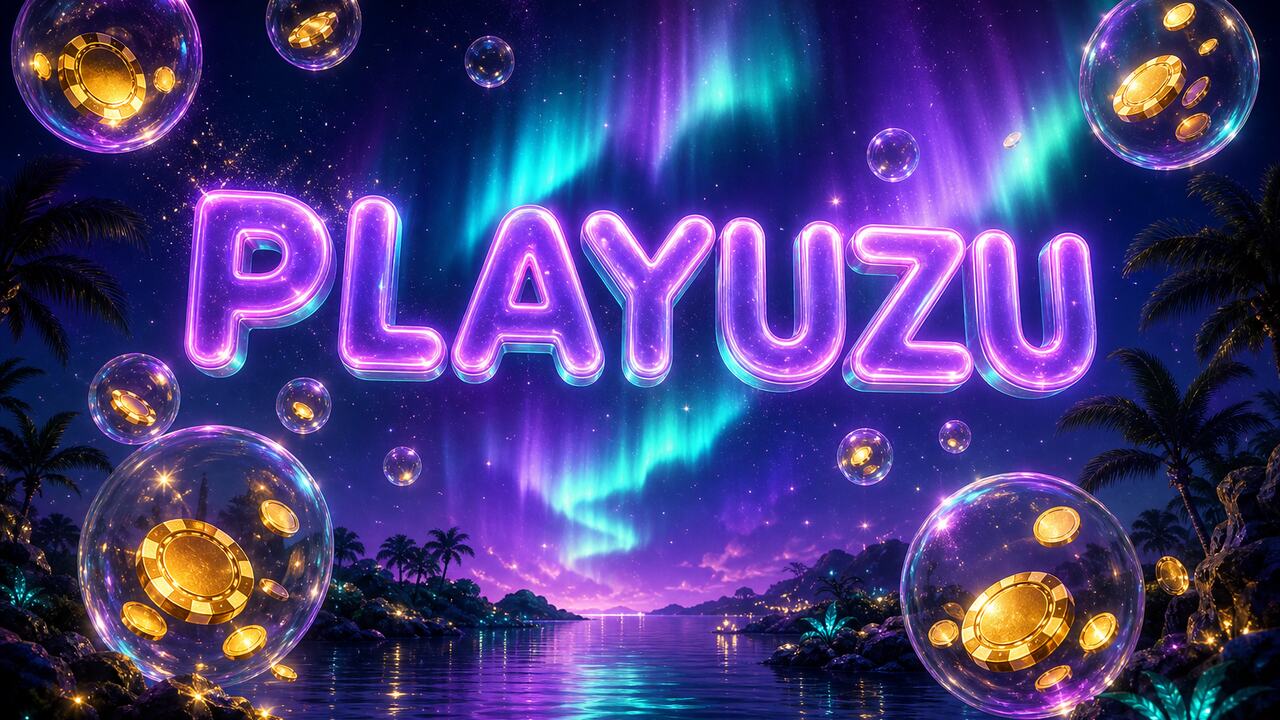 Letras violetas de PlayUZU entre burbujas con fichas doradas sobre una laguna nocturna