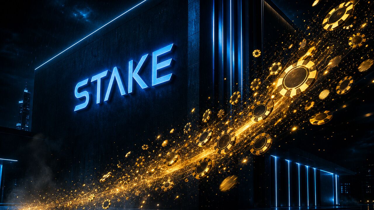 Cartel azul eléctrico de Stake en muro oscuro con ráfaga de fichas doradas