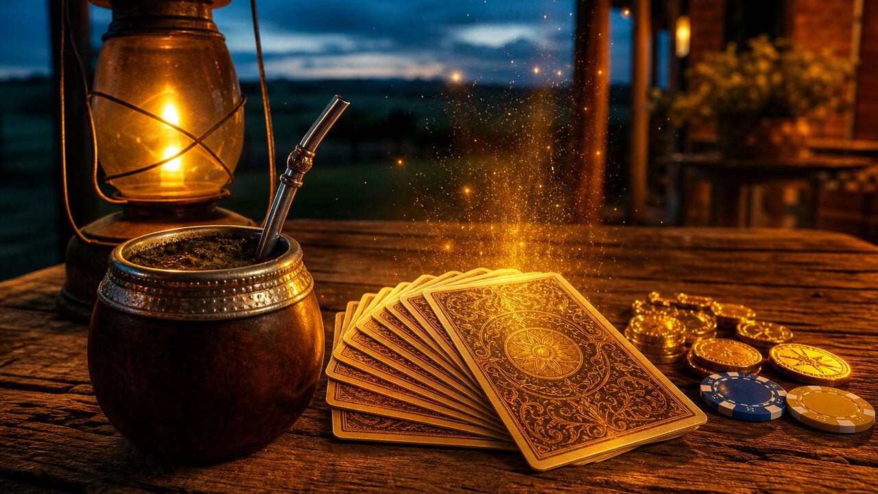 Mesa criolla con mate, cartas boca abajo, monedas y fichas a la luz del farol