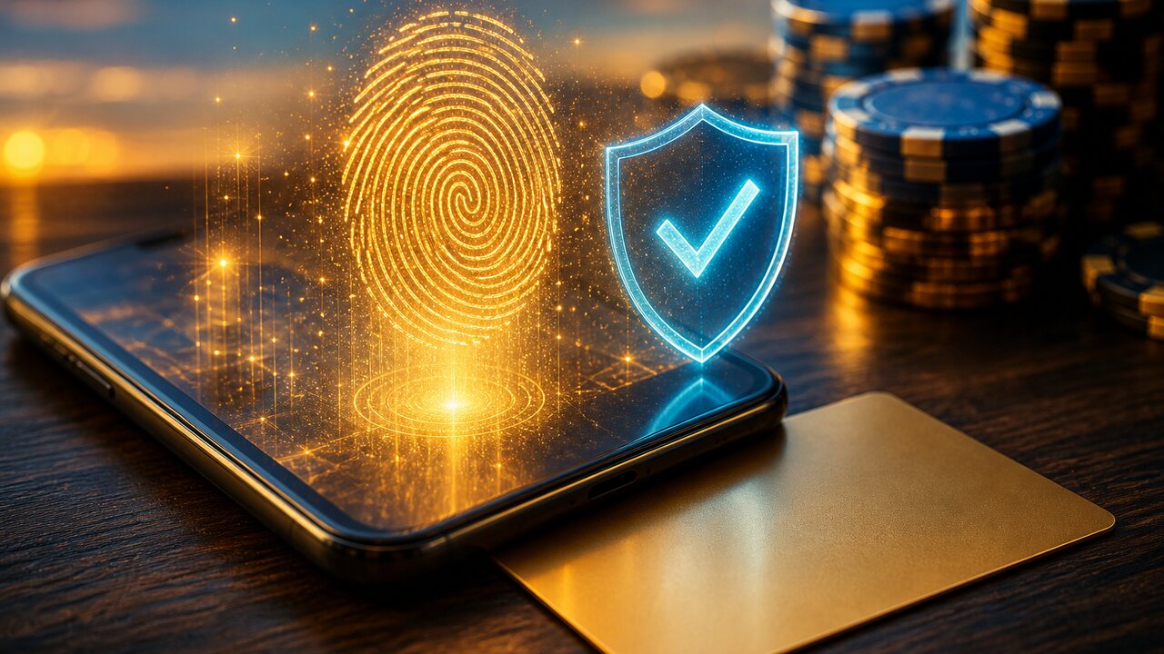 Huella digital dorada holográfica proyectada sobre un smartphone junto a un escudo celeste con tilde y fichas de casino desenfocadas